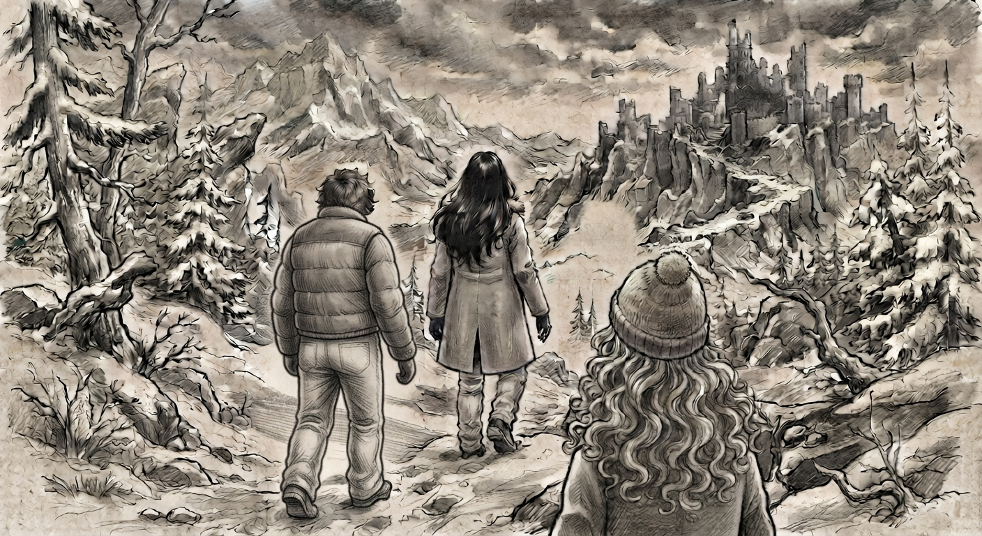 Illustration of the main characters from 'Shadow Among the Ruins'